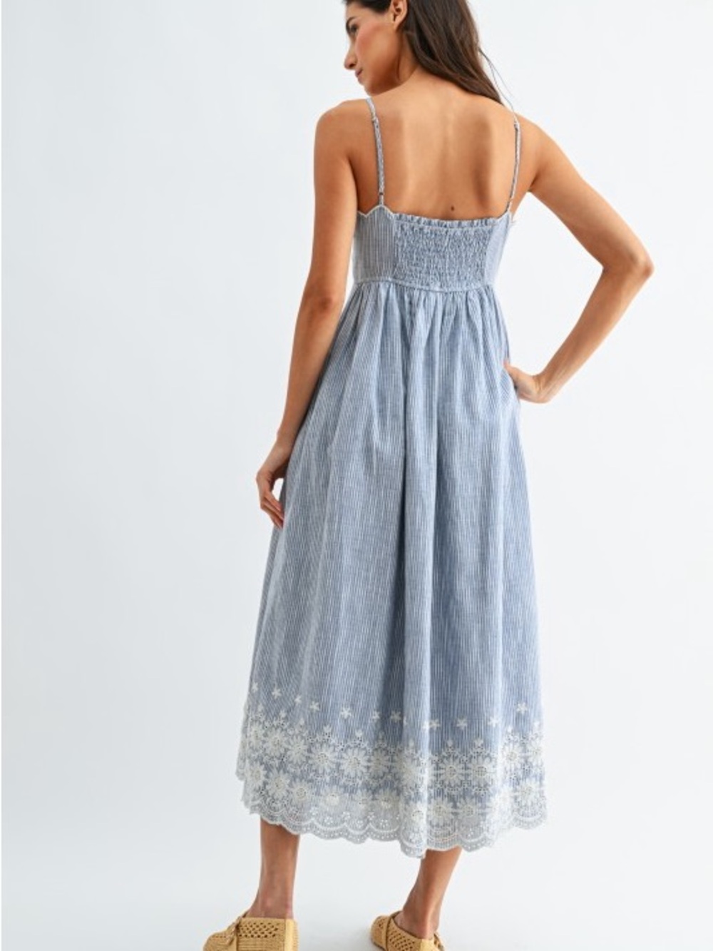 Camellia Light Blue Striped Midi Dress with White Embroidered Bodice - Picture 2 of 4